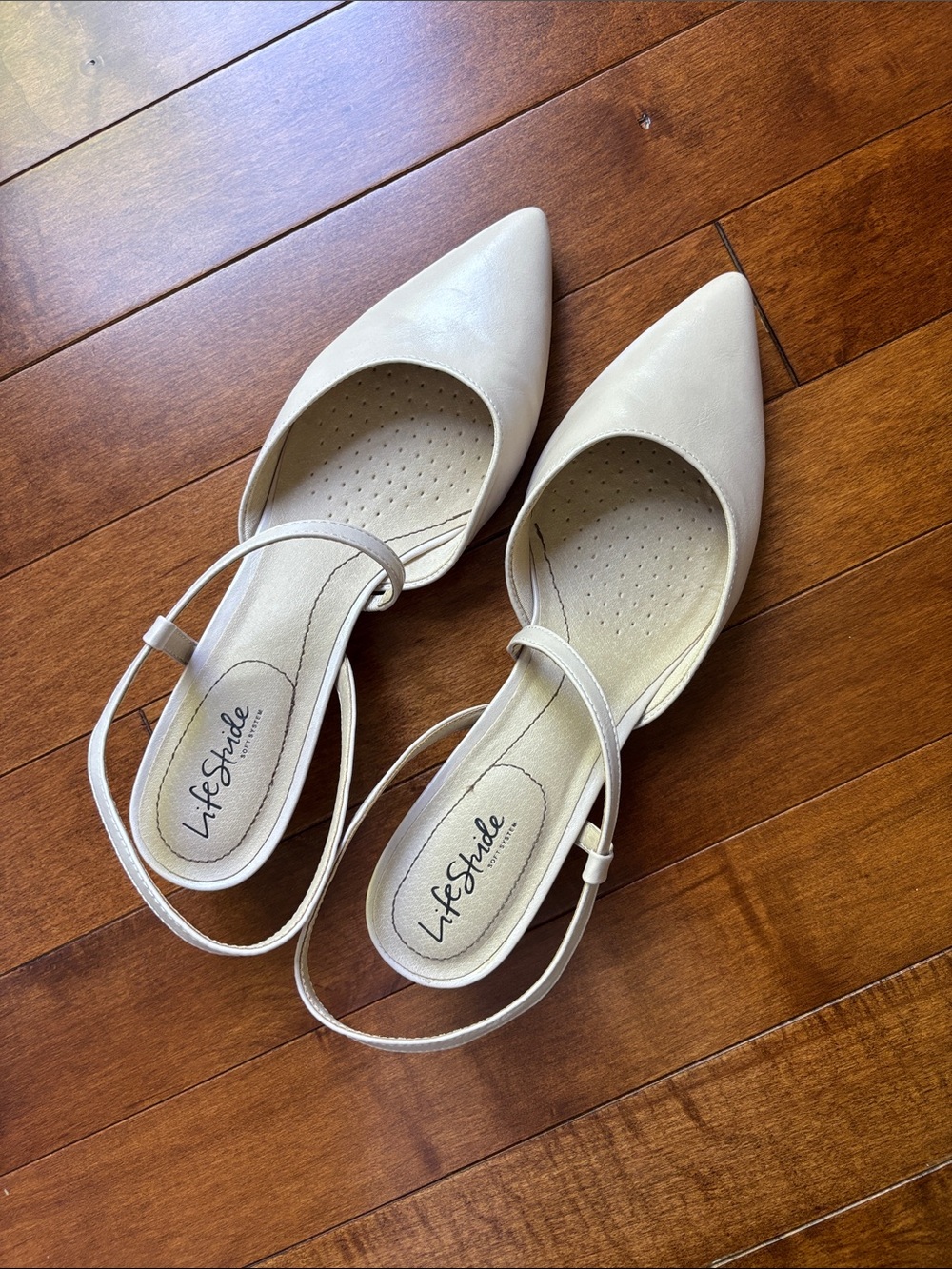 Life Stride Cream Pointed-Toe Slingback Flats with Ankle Strap, Size 11 Women